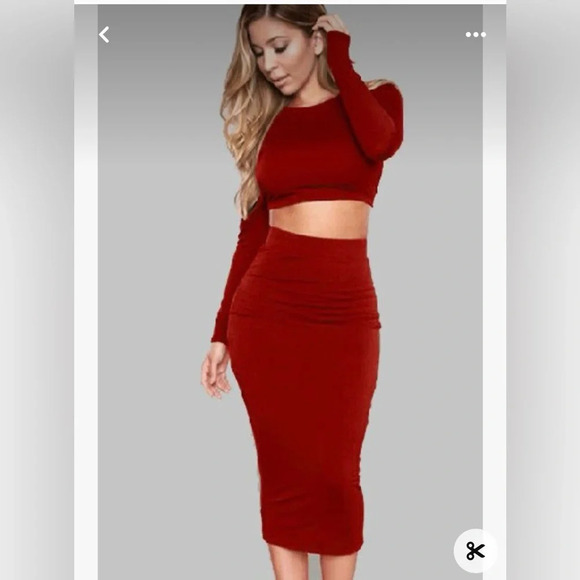 Happily grey classic two piece feminine red crop sweater midi skirt Bodycon set - Picture 15 of 16